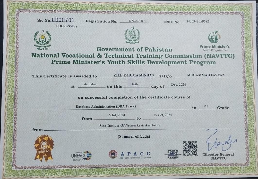 Database administration certificate