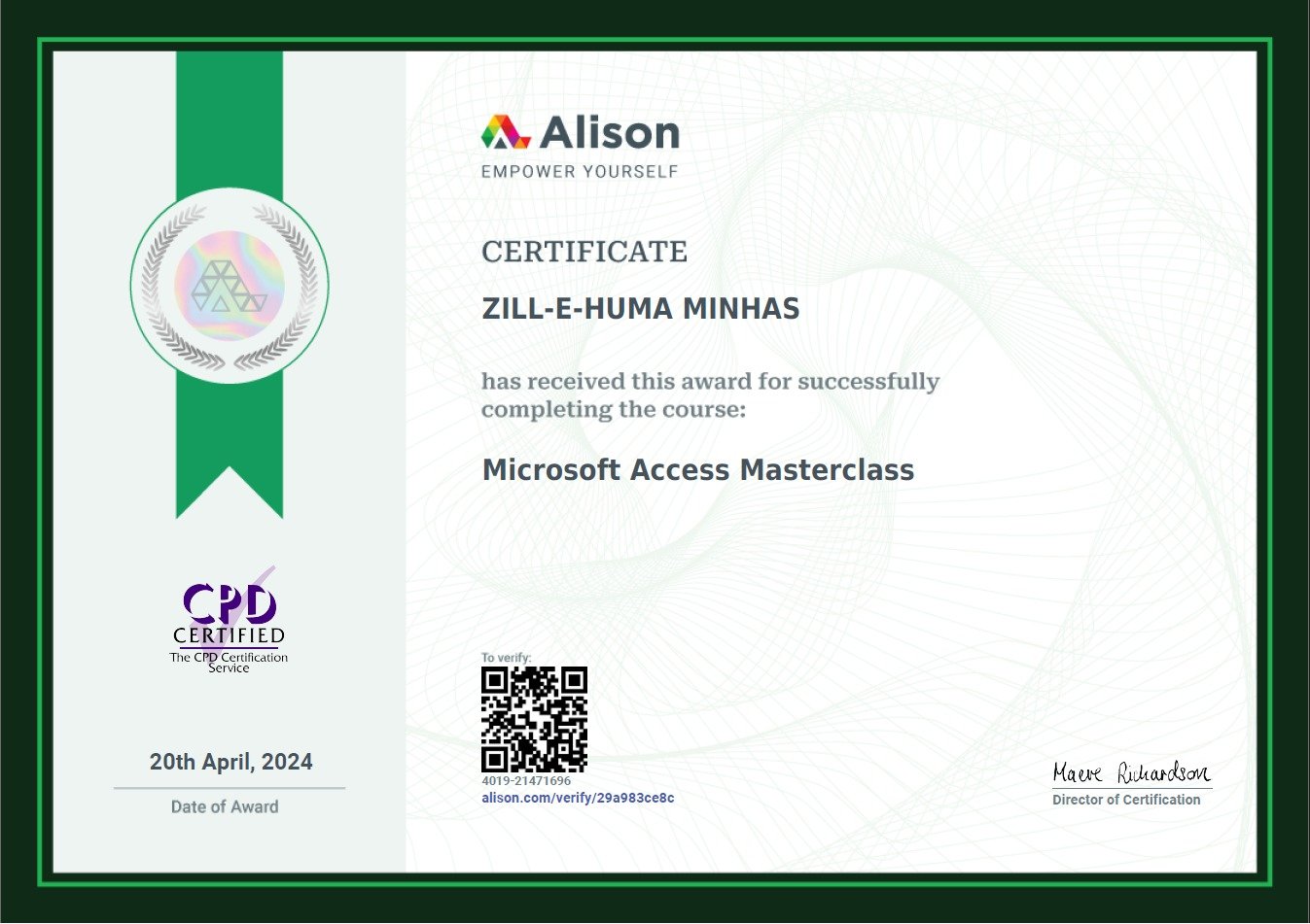 Microsoft Access master class certificate