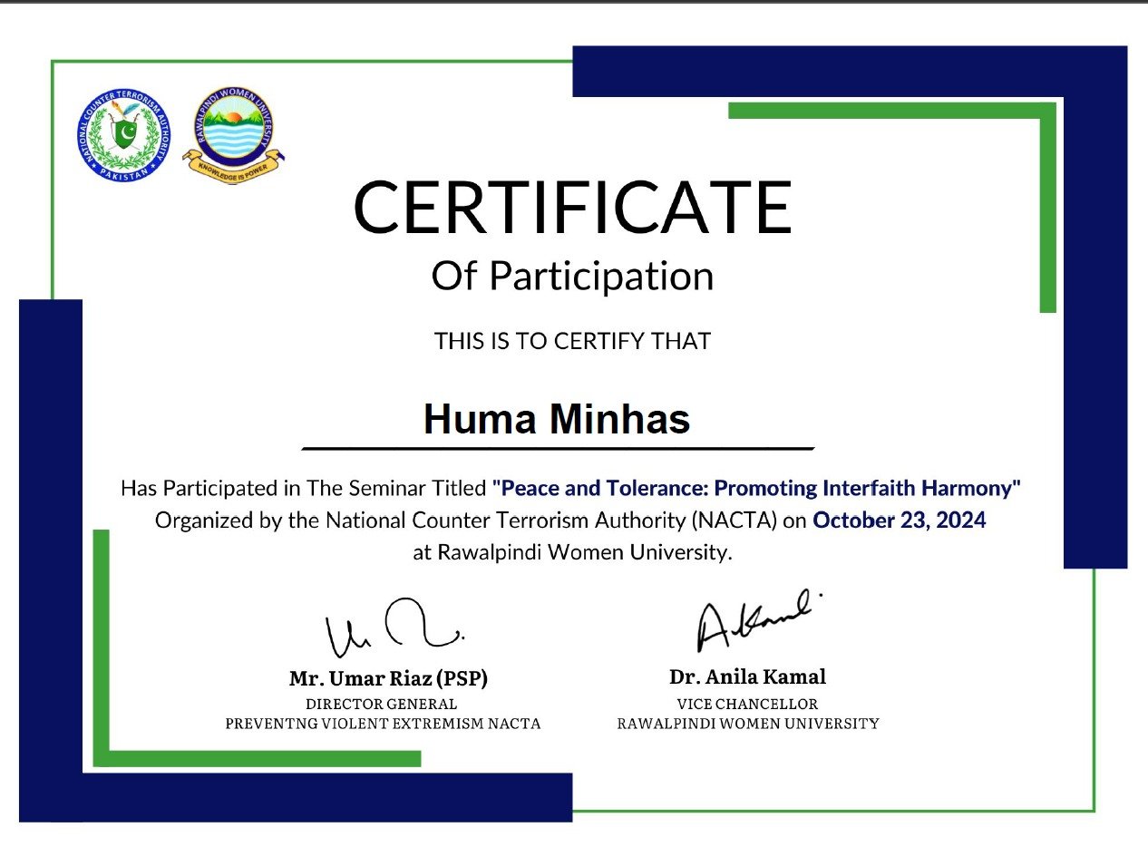 Peace and tolerance certificate